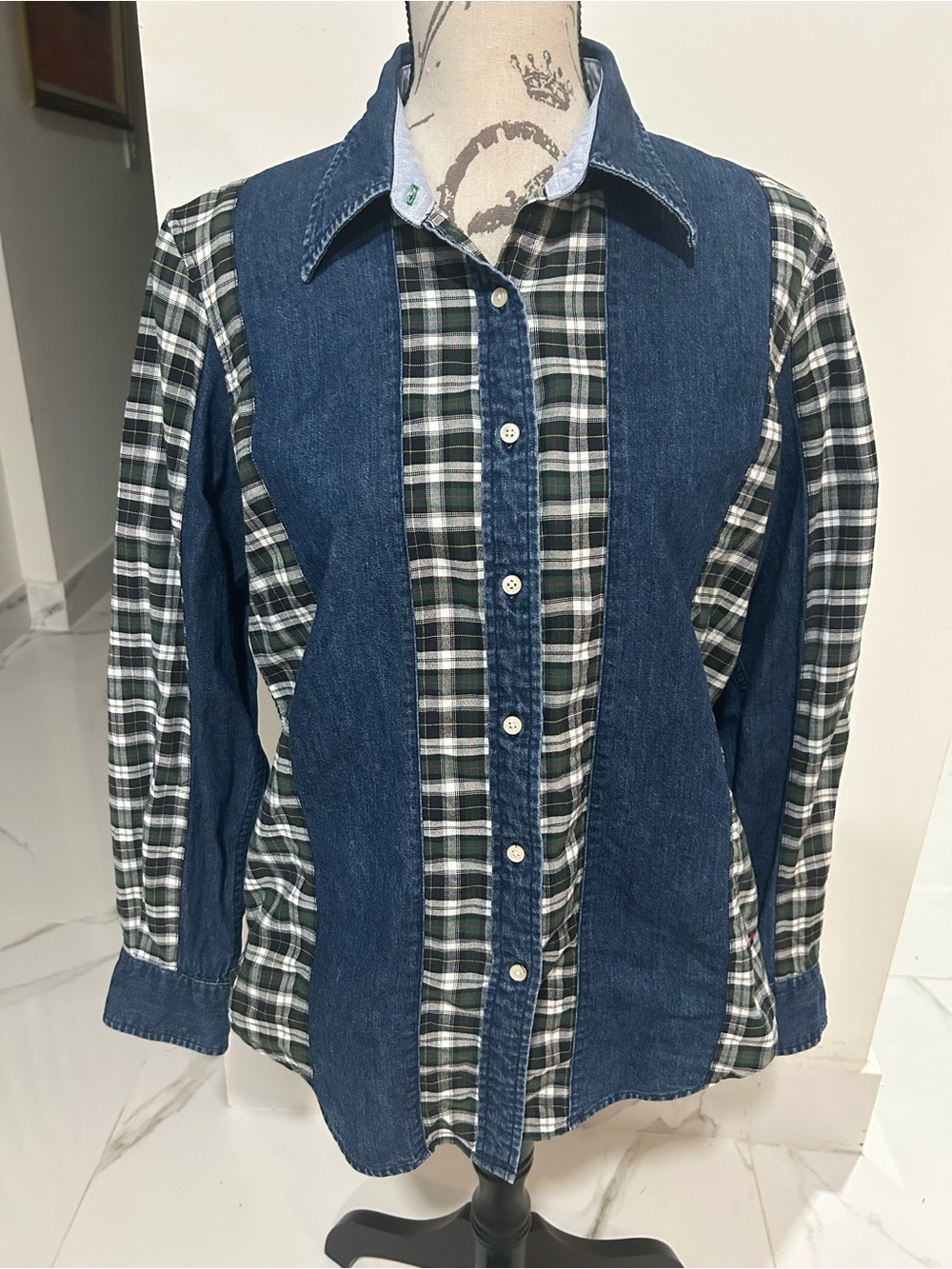Tommy Hilfiger Cotton Blue Denim and Green Plaid Panel Button-Down Unisex Shirt